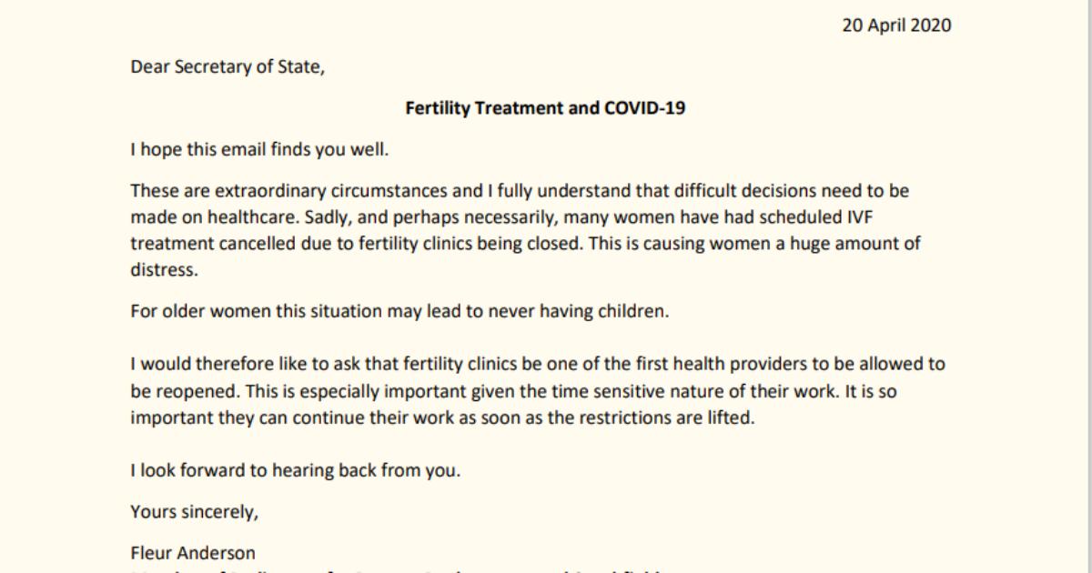 Letter: Fertility Treatment During the Pandemic - Fleur Anderson MP