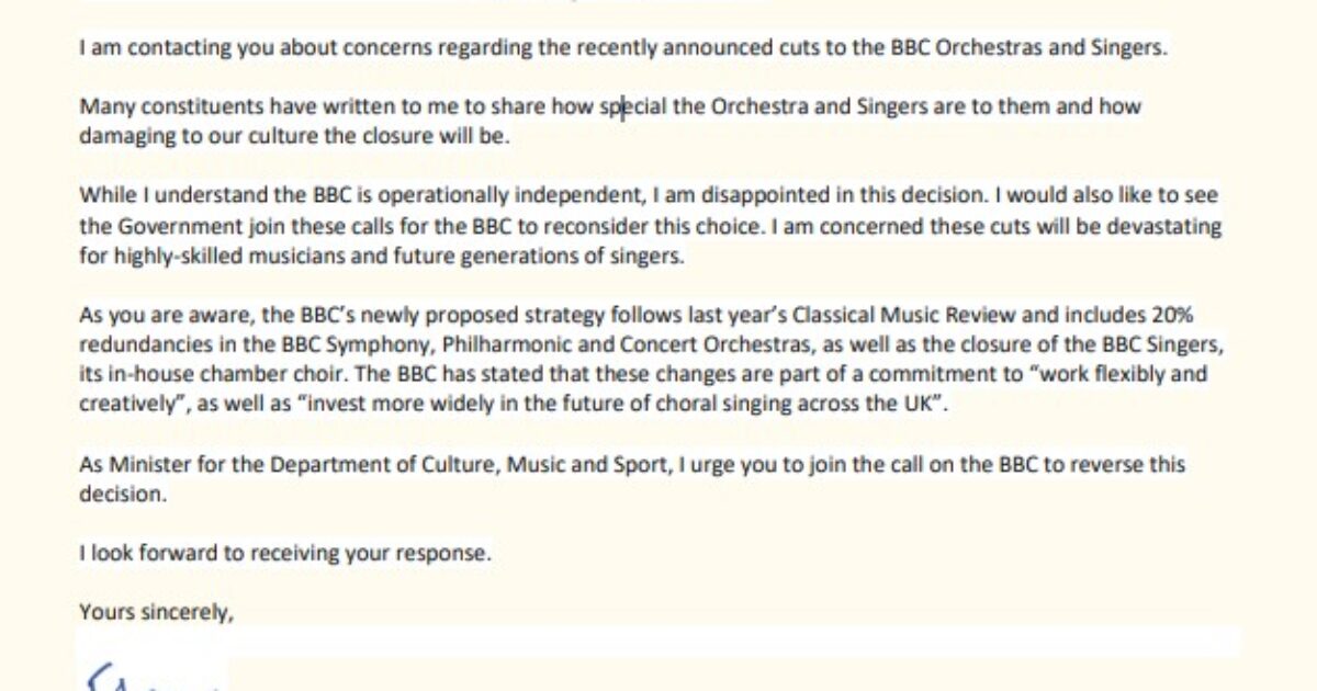 Letter: BBC Singers and Orchestras - Fleur Anderson MP