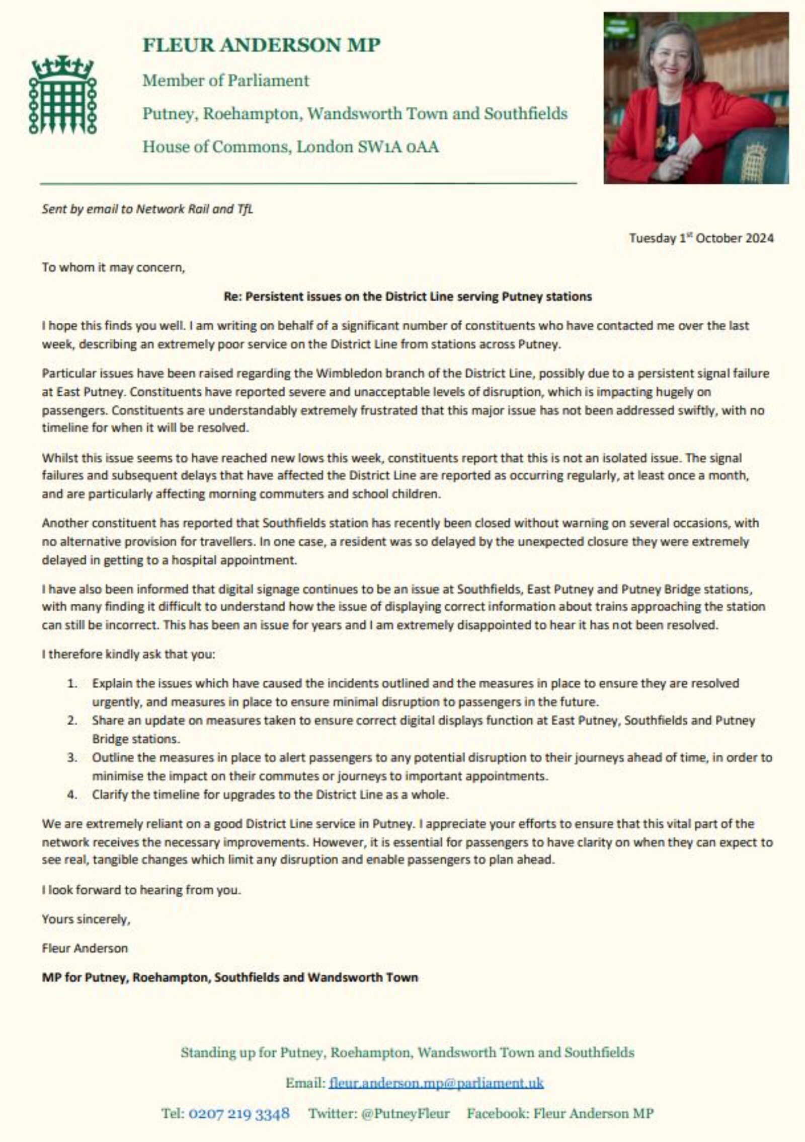 Letter to TfL and Network Rail re District Line failures 